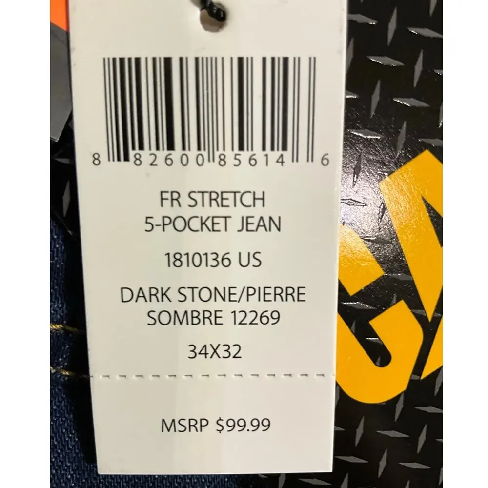 NWT Men's CAT CA 2 Dark Stone Denim Work Jeans 34X32 Stretch Flame Resistant $99